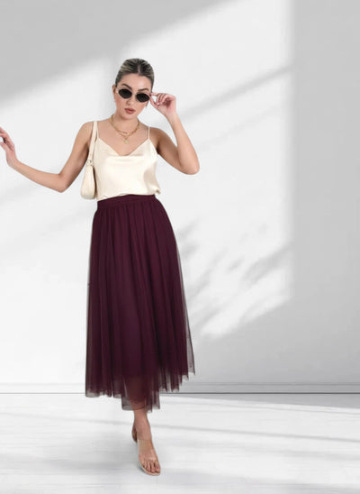 Burgundy tulle maxi skirt