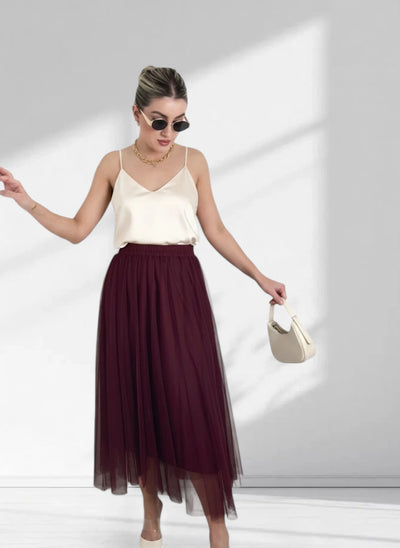 Burgundy tulle maxi skirt