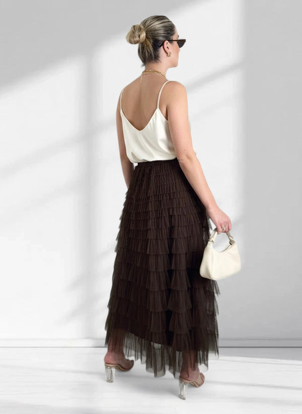 Mila Brown ruffle Tiered tulle skirt
