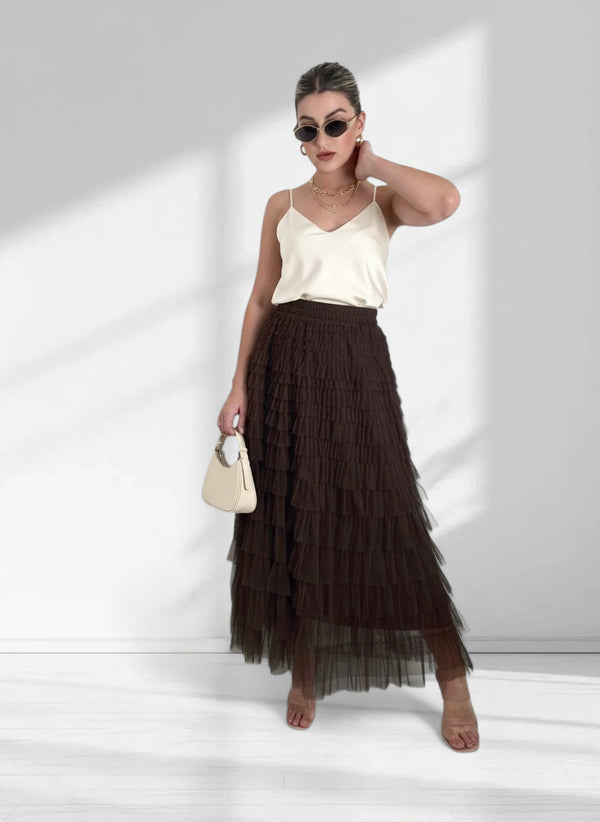 Mila Brown ruffle Tiered tulle skirt