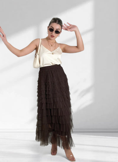 Mila Brown ruffle Tiered tulle skirt