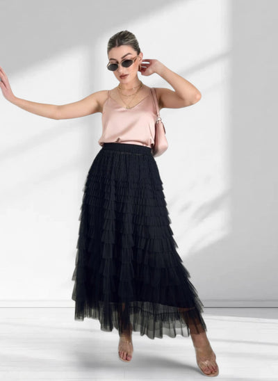 Mila Black ruffle Tiered tulle skirt