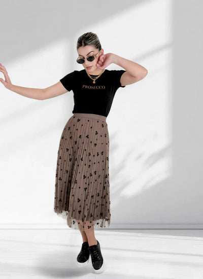 Zoe Brown Flower detail Pleated 2 side skirt