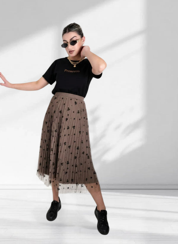 Zoe Brown Flower detail Pleated 2 side skirt