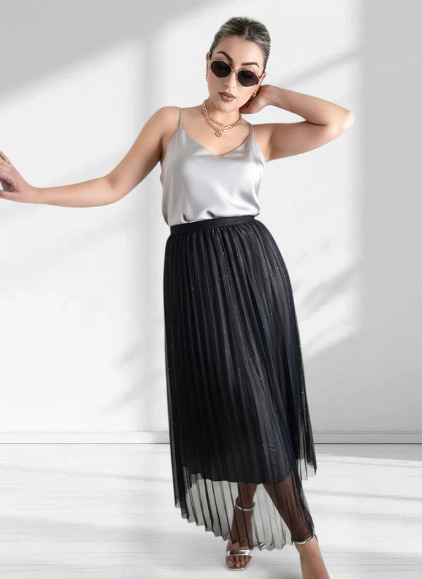 Mia Black Gradient Shiny Tulle pleated skirt
