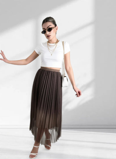 Mia Brown Gradient Shiny Tulle pleated skirt