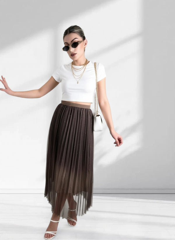 Mia Brown Gradient Shiny Tulle pleated skirt