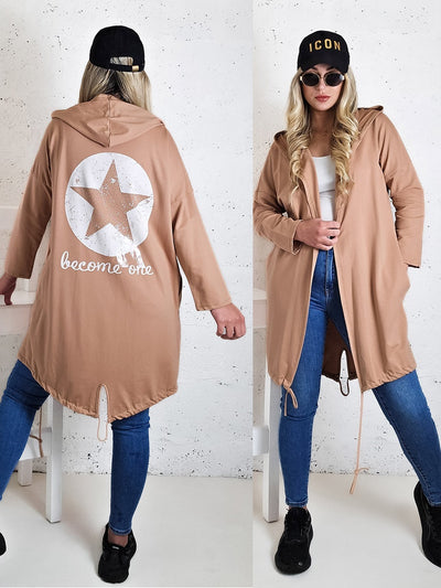 Hooded printed cardigan Star Camel