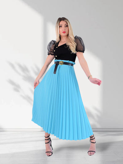 Blue Pleated belted maxi skirt
