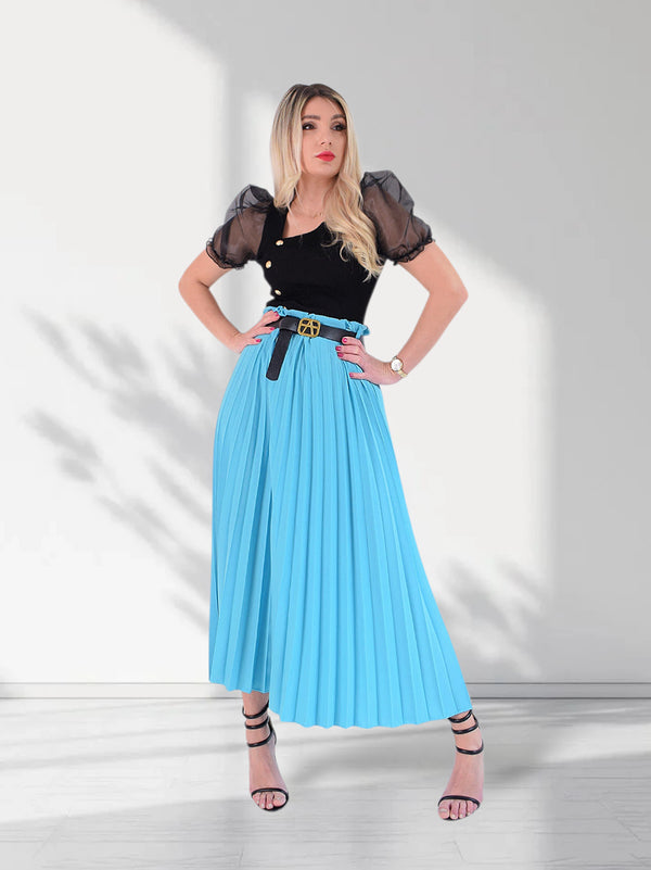 Blue Pleated belted maxi skirt