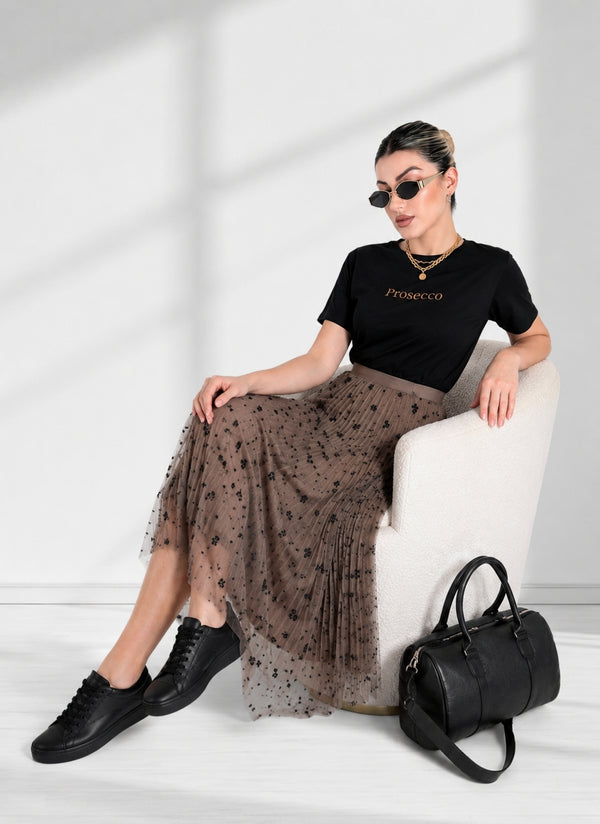 Zoe Brown Flower detail Pleated 2 side skirt