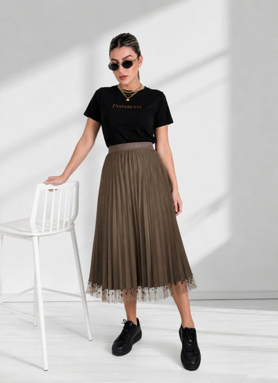 Zoe Brown Flower detail Pleated 2 side skirt