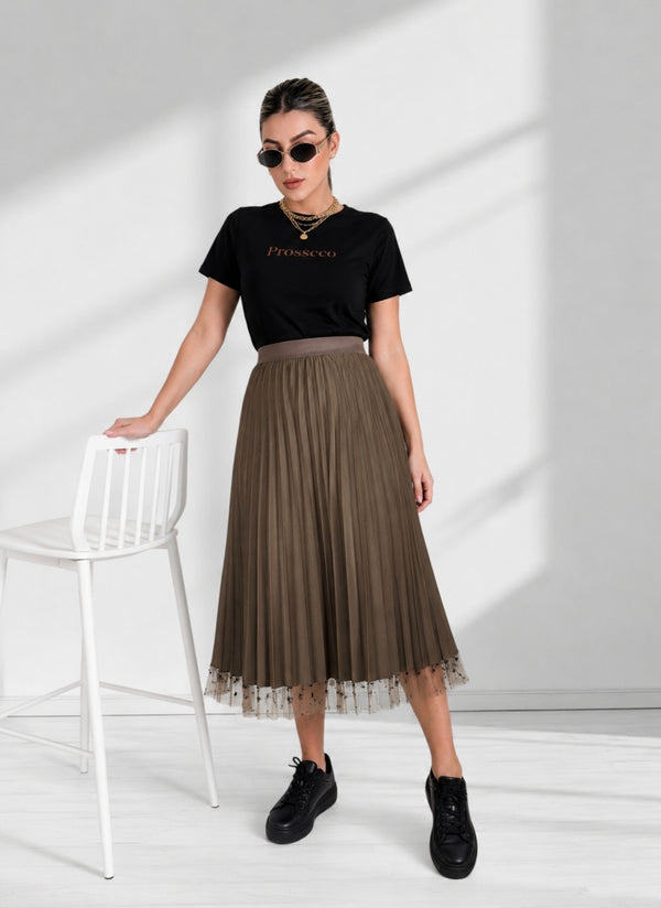 Zoe Brown Flower detail Pleated 2 side skirt