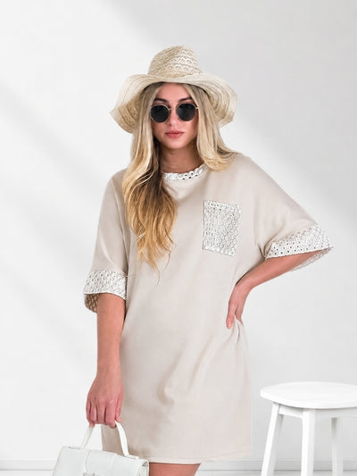 Alda crochet detail T-Shirt dress Beige