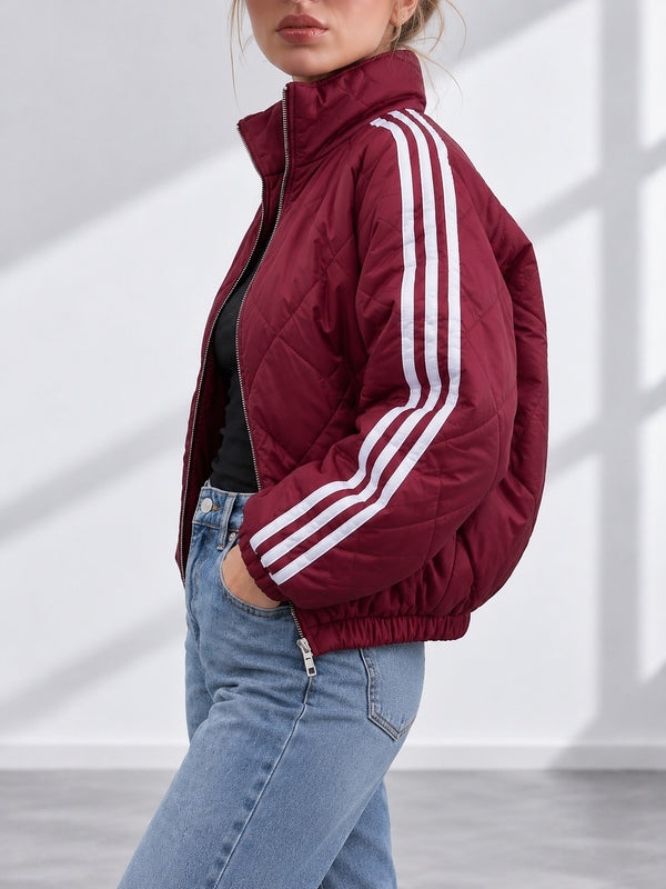 Bella Quilted Stripe Bomber Jacket Burgundy