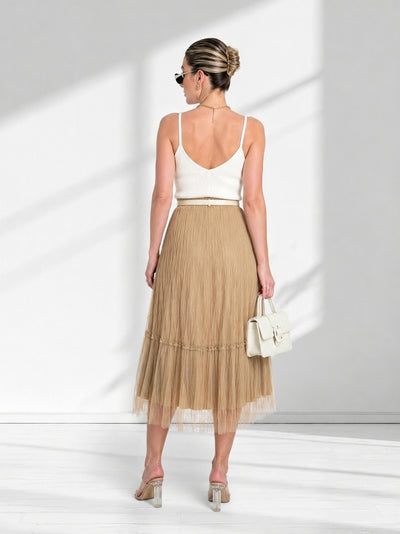 Dara Beige structured detail Pleated tulle skirt