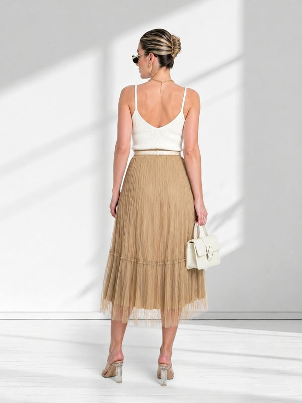 Dara Beige structured detail Pleated tulle skirt