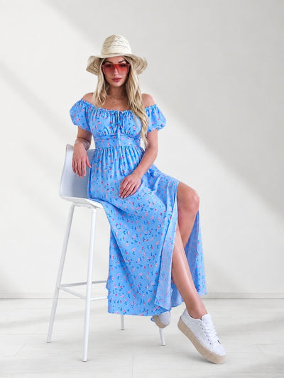 Ailyn Puff sleeve floral Maxi dress Baby Blue