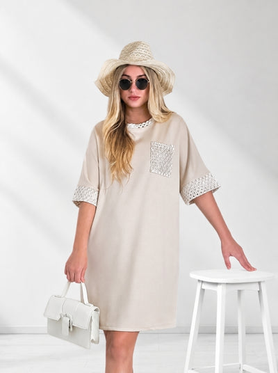 Alda crochet detail T-Shirt dress Beige