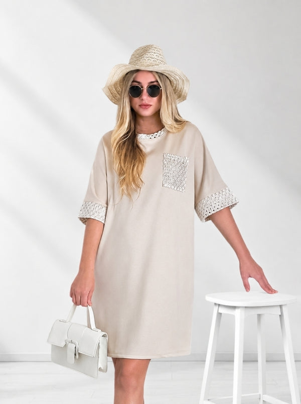 Alda crochet detail T-Shirt dress Beige