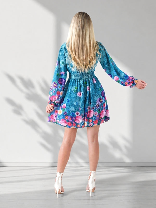 Teal Floral print v-neck dress
