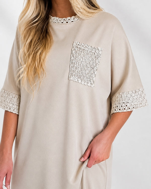 Alda crochet detail T-Shirt dress Beige