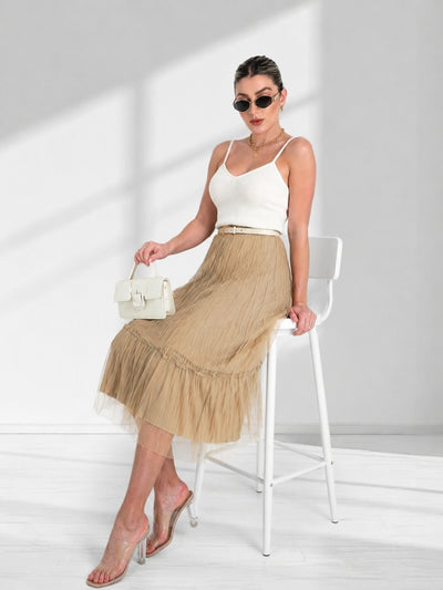 Dara Beige structured detail Pleated tulle skirt