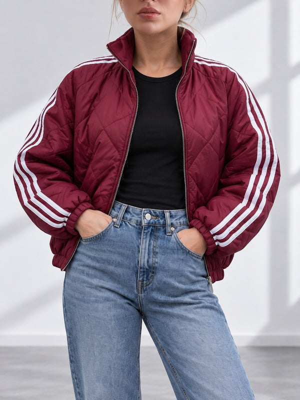 Bella Quilted Stripe Bomber Jacket Burgundy