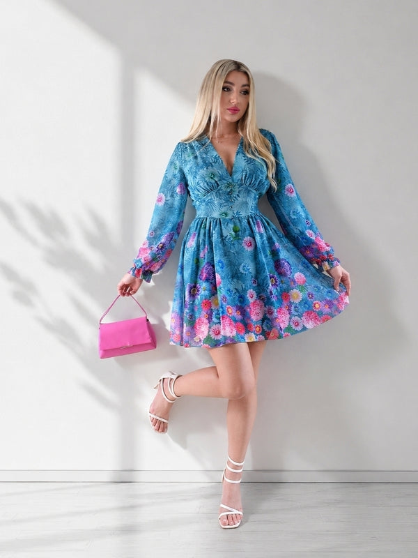 Teal Floral print v-neck dress