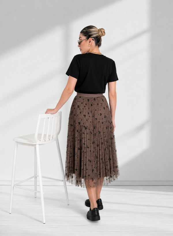 Zoe Brown Flower detail Pleated 2 side skirt