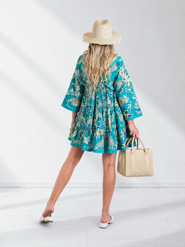Adele V neck Printed dress Turquoise