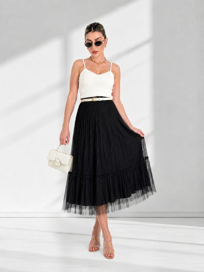 Dara Black structured detail Pleated tulle skirt