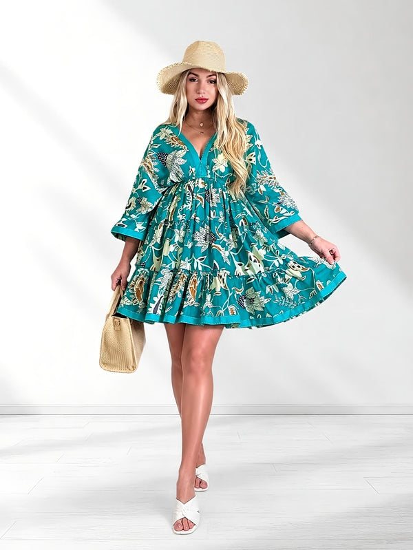 Adele V neck Printed dress Turquoise