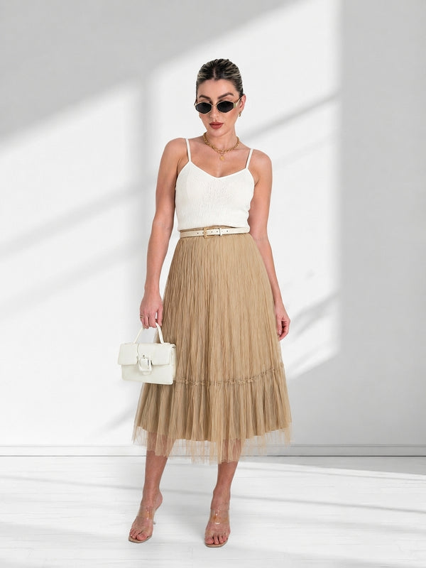 Dara Beige structured detail Pleated tulle skirt