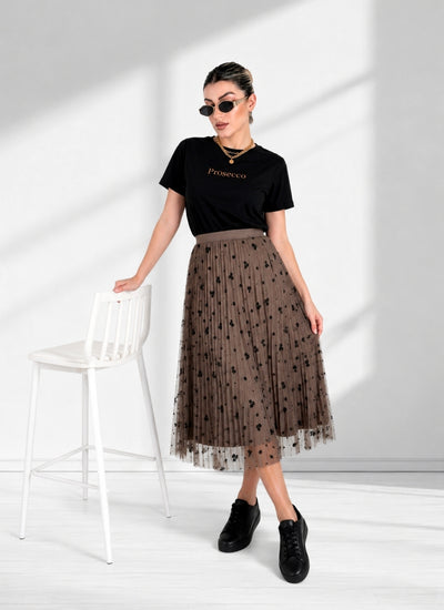 Zoe Brown Flower detail Pleated 2 side skirt