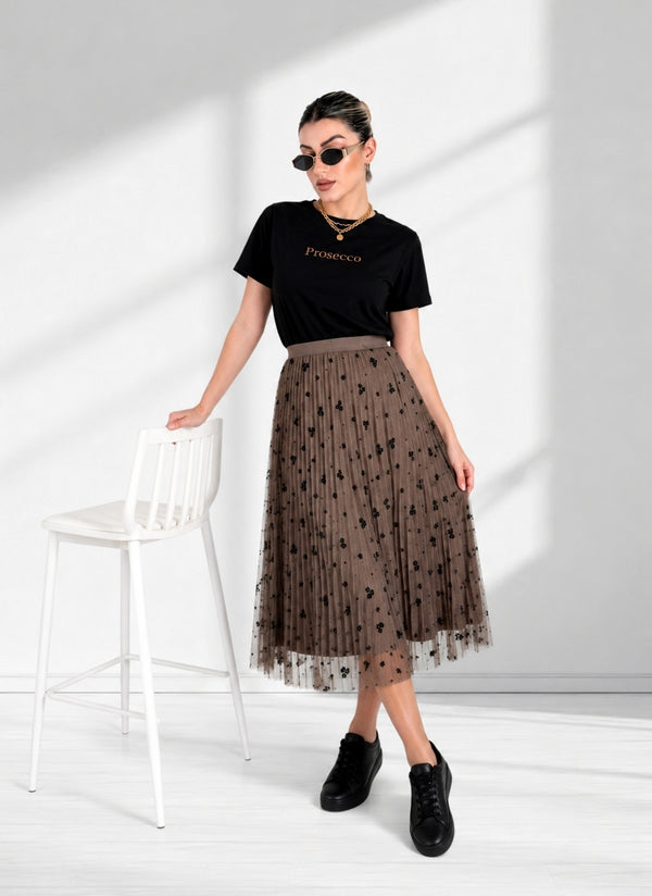 Zoe Brown Flower detail Pleated 2 side skirt