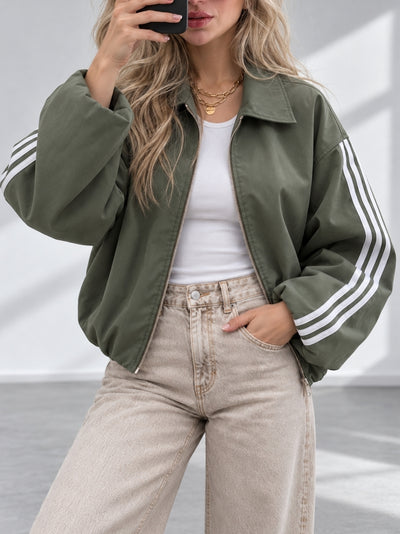 Luna Stripe Zip-Up Jacket Olive Green