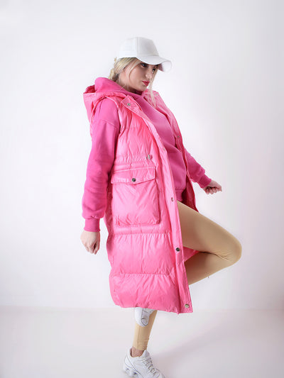 Pink hooded padded longline gilet