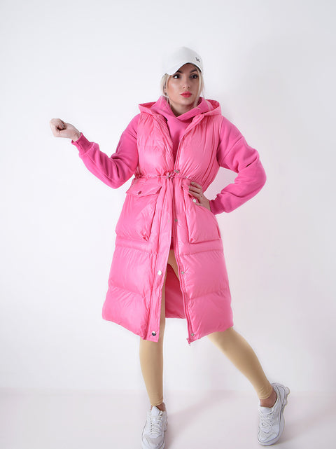 Pink hooded padded longline gilet