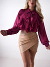 Front ruffle tie neck long sleeve shirt Dark Magenta