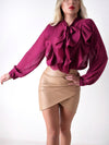 Front ruffle tie neck long sleeve shirt Dark Magenta