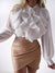 Front ruffle tie neck long sleeve shirt White