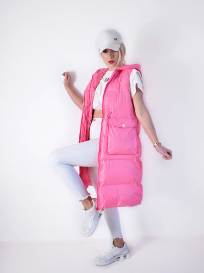 Pink hooded padded longline gilet