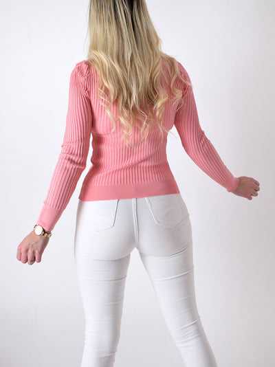 Ribbed Long sleeve collar top Pink