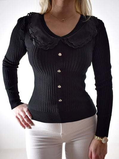 Ribbed Long sleeve collar top Black