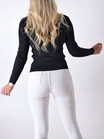 Ribbed Long sleeve collar top Black