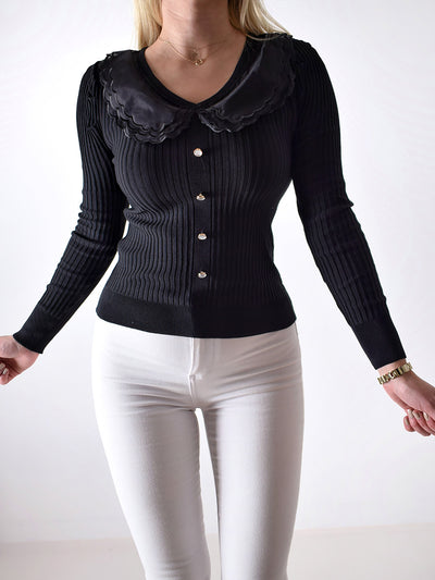 Ribbed Long sleeve collar top Black