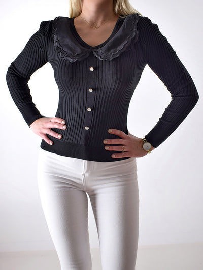 Ribbed Long sleeve collar top Black