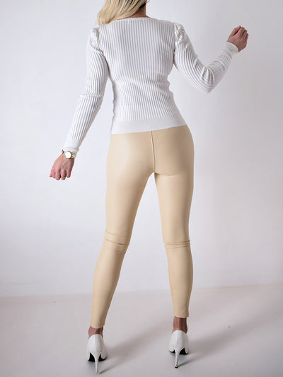 Ribbed Long sleeve collar top White