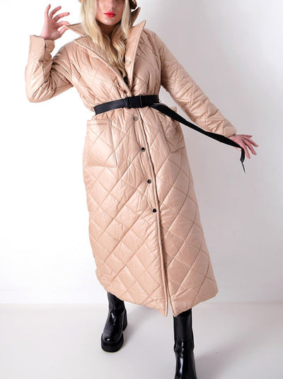 Beige quilted longline coat